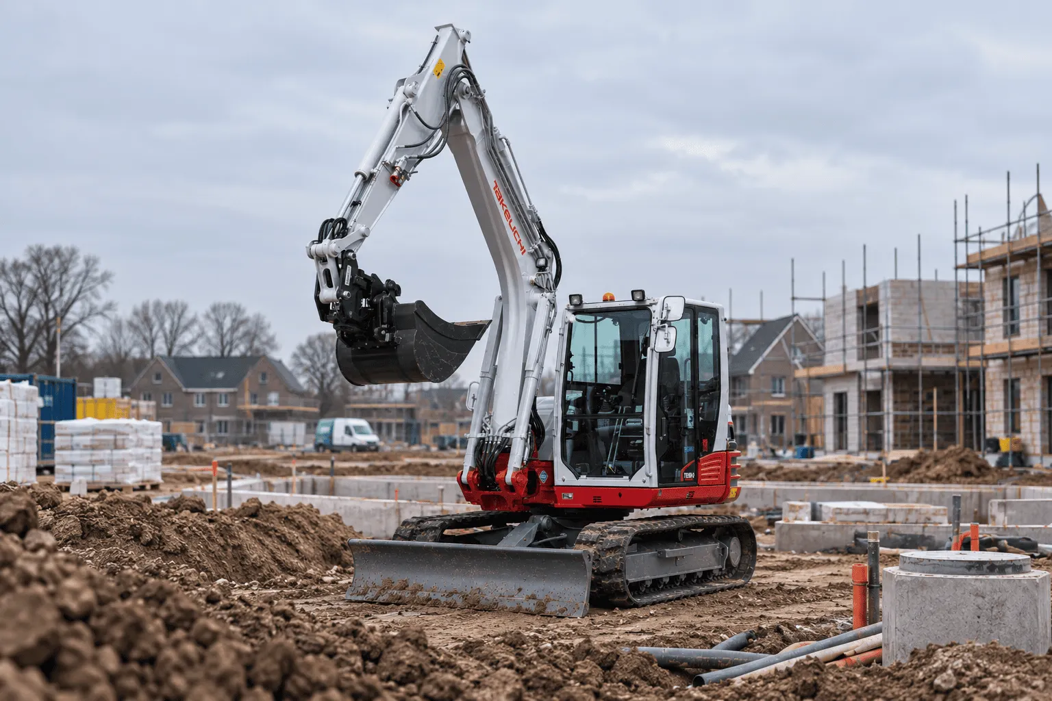 Takeuchi tb290-2 monoboom actief in een nieuwbouw wijk