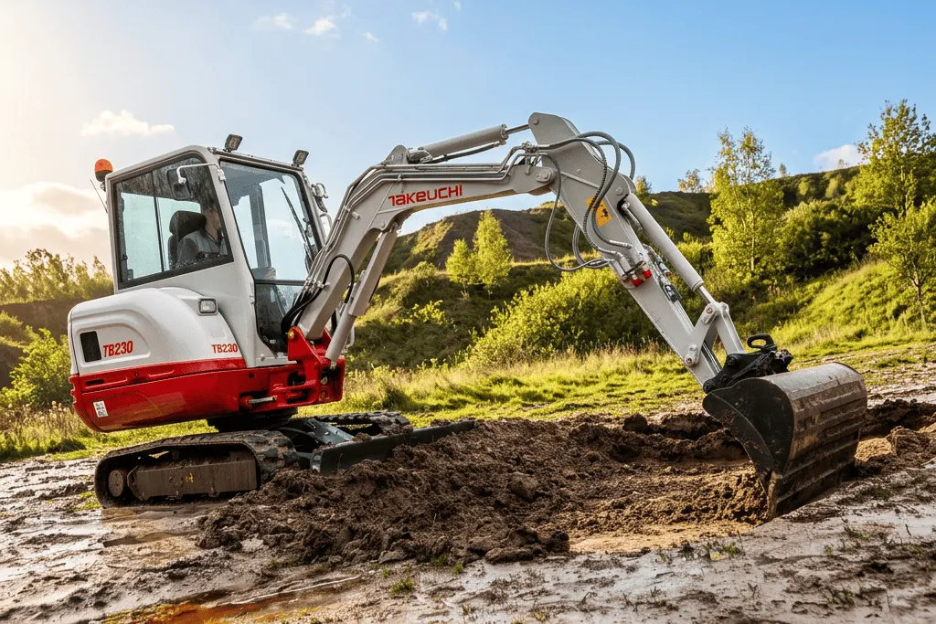 Takeuchi TB230 aan het werk in de zon na regen
