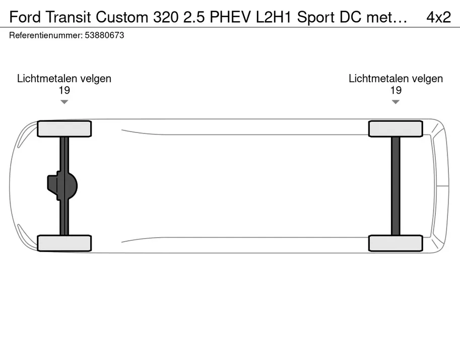 Ford Transit Custom 320 2.5 PHEV L2H1 Sport DC met o.a. uniek sport interieur, 19 inch lichtmetalen velgen, een trekhaak, een achteruitrijcamera en verwarmbare voorstoelen en stuurwiel