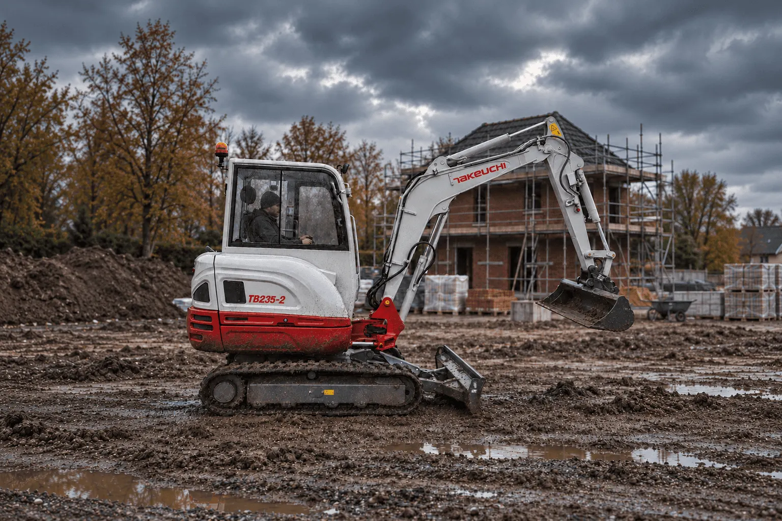 La minipelle Takeuchi TB235-2 au travail sur un chantier