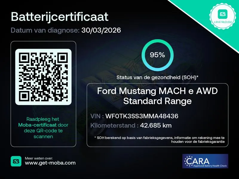 Ford Mustang Mach-E AWD 75 kWh 269PK | 95% SOH | DEMO | Stoel- stuur en vooruit verwarming | Zwart dak en spiegels | Navigatie